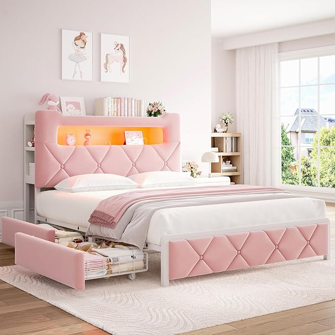 Queen Upholstered LED Bed Frame with 2 Storage Drawers and 2-Tier Storage Headboard,Velvet Princess Platform Bed with Charging Station & Bookcase,Heavy Duty Metal Support,No Box Spring Needed,Pink