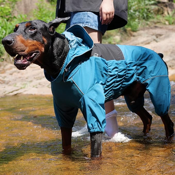 LOVELONGLONG Waterproof Dog Raincoat with Removable Hood – Outdoor Full Body Dog Jacket, Windproof Snowproof Shell Suit – All Season Pet Rain Gear Ocean Teal S
