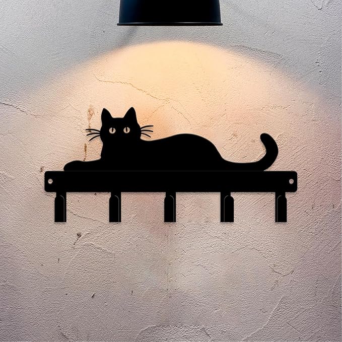 magilab Cat-Themed 10-Inch Iron Key Hooks with 5 Hooks, Black Wall Organizer - Cute Cat Design for Home Decor, No Drill & Screw-in Options (Style L)