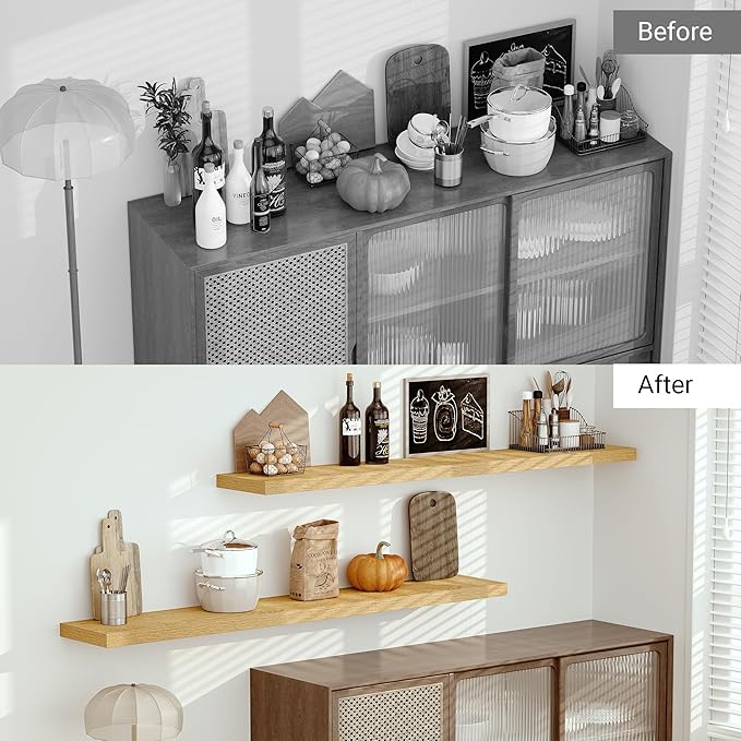 Vivelove 12" Deep Floating Shelves with Invisible Brackets, 72" Wall Shelves for Bathroom Bedroom Kitchen Living Room Laundry Room, Modern Rustic Shelves for Home Decor, 72"x12"x2", Set of 1, Oak