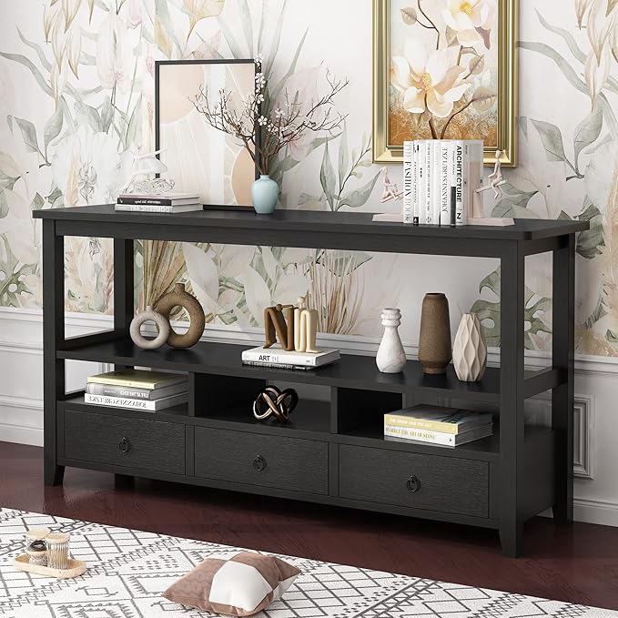 Karl home Console Table with 3 Bottom Drawers, 57.9" W Sofa Side Table Entryway Desk with 3 Storage Cubbies 1 Open Shelf, Vintage TV Stand for Hallway Living Room Office, Black 29.9" H