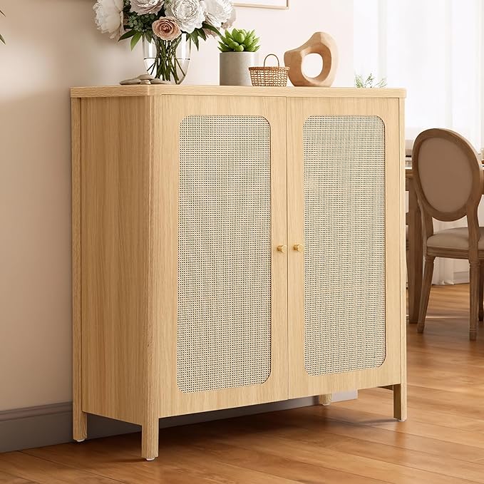 2 PCS Rattan Sideboard Buffet Cabinet 2 Door Boho Kitchen Storage Cabinet Accent Console for Living Room, Hallway, Kitchen, Sideboard, Buffet Table Natural Oak