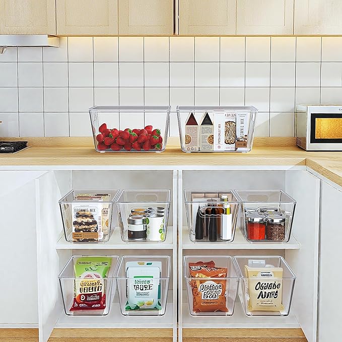 Clear Stackable Storage Bins, Pantry Organizers & Storage Containers, Cabinet Organizer, Home Organization Must Haves for Kitchen, Laundry Room, Office, Closet & Freezer (6 Pack with Lids)