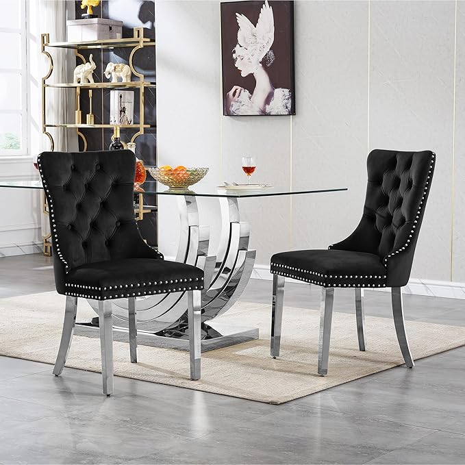 7 Piece Dining Table Set with 6 Black Dining Chairs, Modern Glass Kitchen Table and Chairs Set for 6, 70" Rectangle Silver Glass Pedestal Dining Room Tables with Ring-Shape Stainless Steel Base