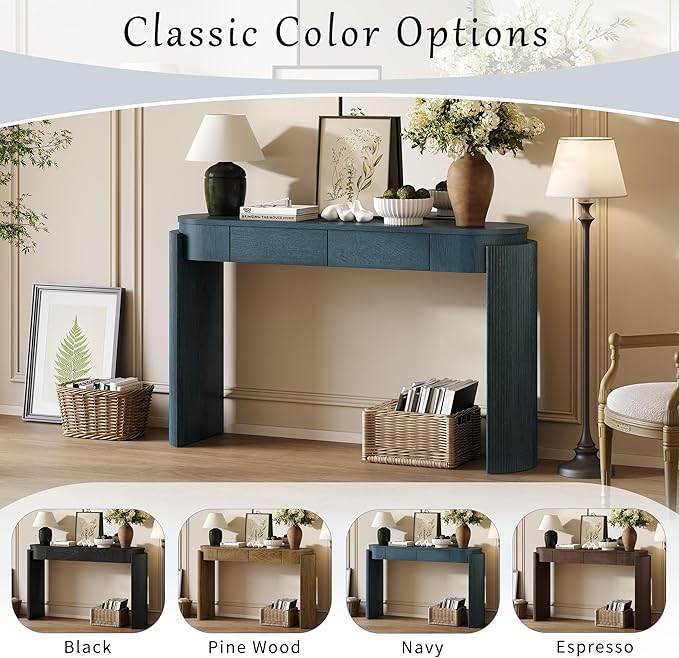 Merax 55" Entryway Table with Oval Top and 2 Drawers, Natural Wood Grain Finish Console Table with Fluted Design for Entryway and Living Room (Navy)