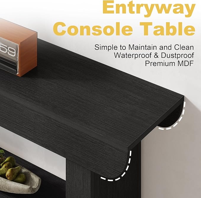 55-Inch Black Entryway Table, Modern Console Tables 3-Tier Couch Table Behind Sofa Narrow Wood Sofa Table Foyer Tables for Entryway, Living Room, Hallway