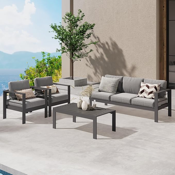Wisteria Lane Aluminum Outdoor Patio Furniture Set, Modern Patio Conversation Sets, Outdoor Sectional Metal Sofa with 5 Inch Cushion and Coffee Table for Balcony, Garden, Dark Grey