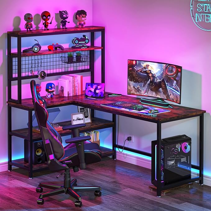 Tribesigns 55" L-Shape Computer Desk with Hutch and Wireless Charging, Office Desk Study Table Writing Desk Workstation with 5 Shelves and Movable CPU Stand for Home Office (Brown)