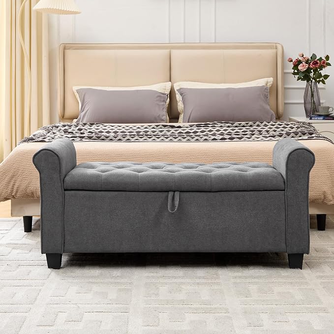 End of Bed Storage Bench for Bedroom, 49" Upholstered Storage Ottoman with Rolled Arms, Rivet Polyester Fabric Ottoman Bench for Bedroom, Living Room, Window, Entryway, Dark Gray