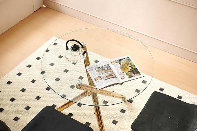 36" Round Dining Table for 4, Modern Clear Glass Kitchen Table for 4 with Gold Cross Metal Legs, Contemporary Small Circle Dining Room Leisure Tables for Kitchen Apartment