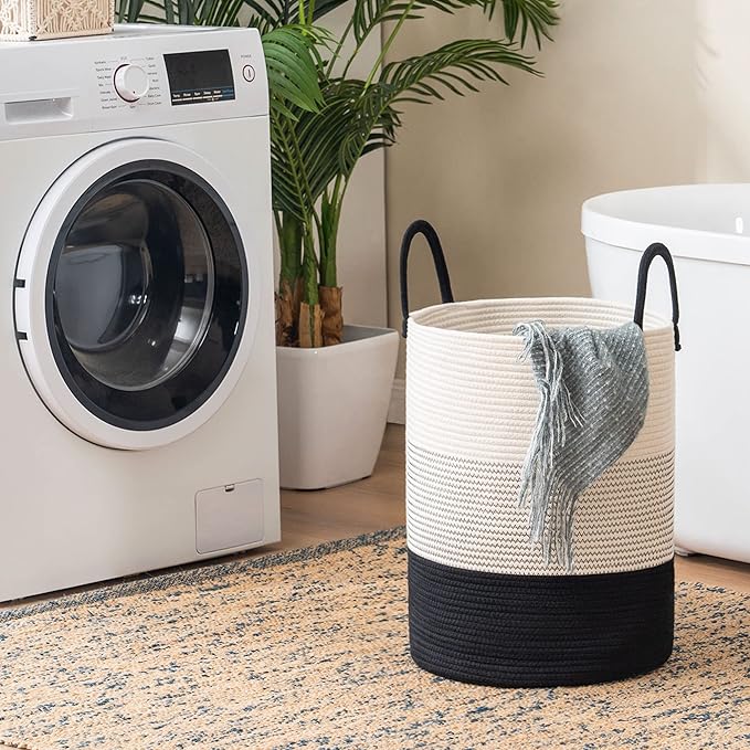 YOUDENOVA Woven Rope Laundry Hamper Basket, 72L Tall Laundry Basket, Baby Nursery Hamper for Blanket Storage in Bedroom-Large-Dark White