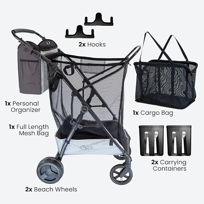 Strolee Large Wheeled Collapsible Beach Cart for Soft Sand, Shopping, Camping & Garden- Lightweight Aluminum Frame- Removable Storage Bag with Carrying Straps, X-L Capacity & Cooler Rack Dark Grey