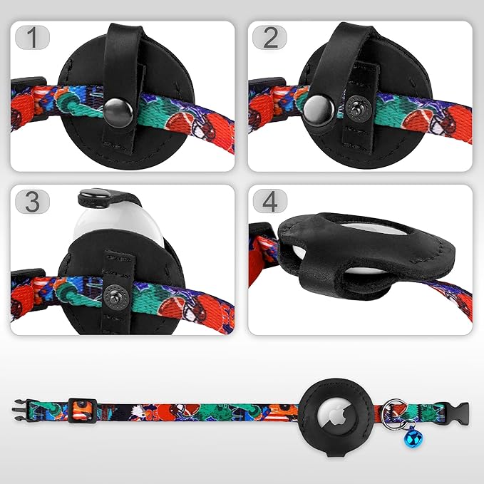 Airtag Cat Collar with Bell - Non Breakaway Soft Pet Collar with Leather Air Tag Holder - Adjustable GPS Anti-Lost Collars for Girl Boy Cats Kitten Puppies, Lightweight and Patterned (USA)