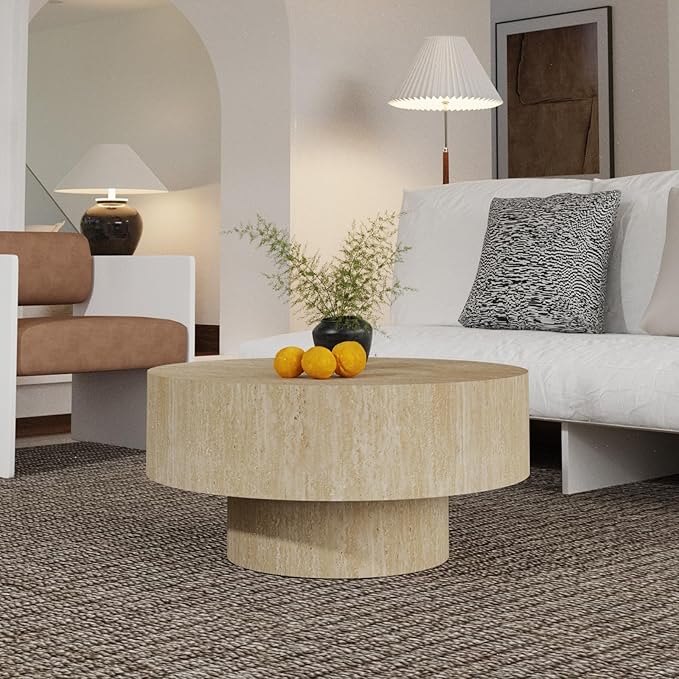 Round Coffee Table, Handcrafted Fluted Drum Coffee Tables Modern Wood Coffee Table Circle Drum Center Table for Living Room, Apartment (Travertine Round)