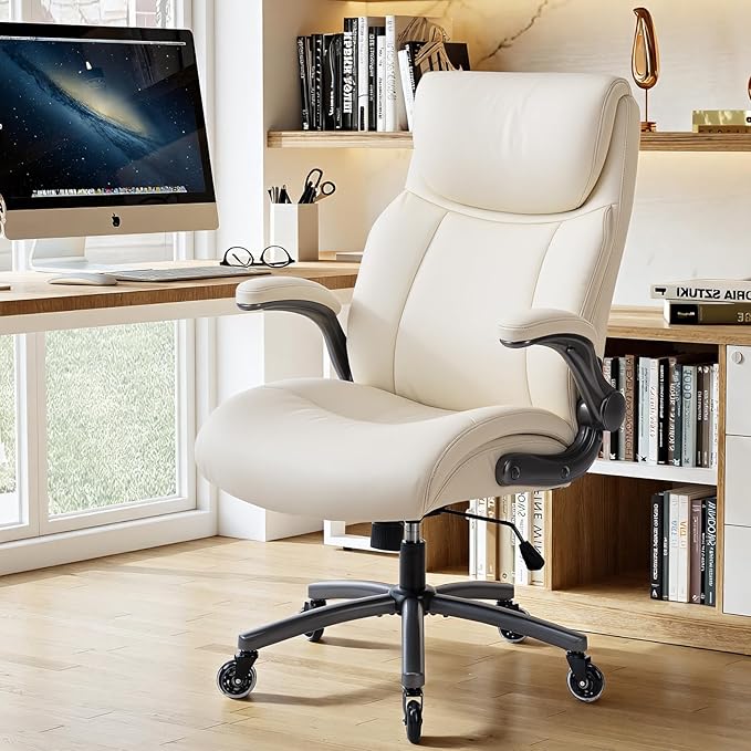 Ergonomic High-Back Executive Office Chairs, Heavy Duty Home Computer Chair with Lumbar Support, Flip-Up Arms, and PU Leather Upholstery, Beige