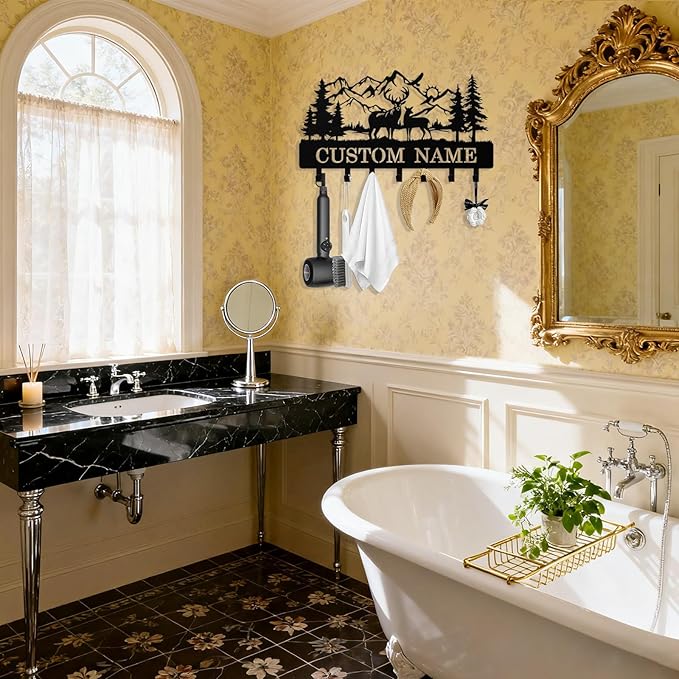 Personalized Deer Forest Key Holder Wall Mount, Custom Metal Keys Hanger for Wall with Name, Custom Key Rack Holder with Hooks for Entryway, Front Door, Hallway, Living Room, Kitchen