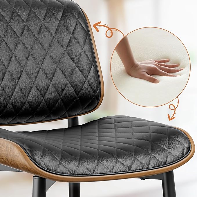 Dining Chairs Set of 4, FSC Certified Mid Century Modern Accent Dining Room and Kitchen Chairs, Upholstered PU Leather Diamond Check Chairs with Walnut Bentwood and Metal Legs, Black