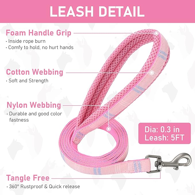 GAMUDA Small Dog Harness Collar and Leash Set, Step in No Chock No Pull Soft Mesh Adjustable Dog Vest Harnesses Plaid Reflective for Dogs Puppy Cats Kitten Rabbit (Pink, XXXS)