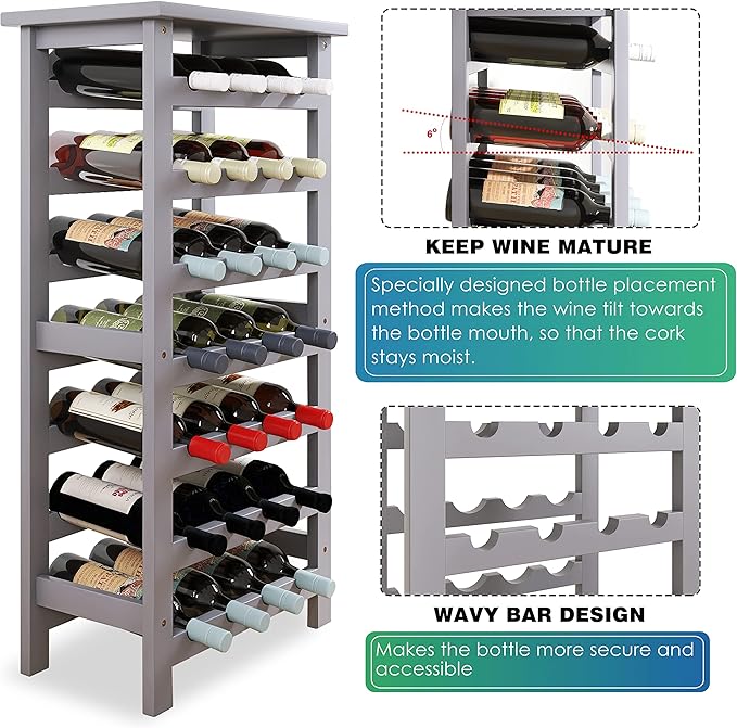 SMIBUY Bamboo Wine Rack, 28 Bottles Display Holder with Table Top, 7-Tier Free Standing Storage Shelves for Kitchen, Pantry, Cellar, Bar (Grey)