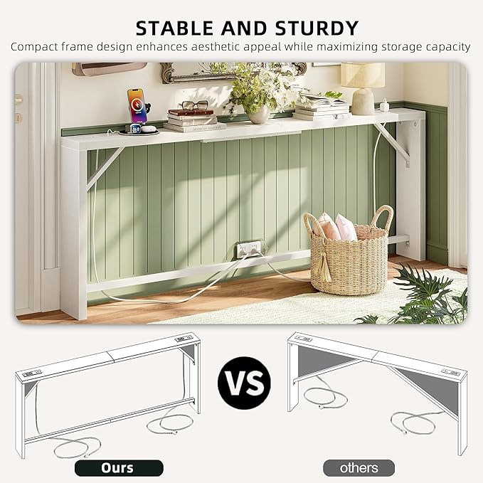 TIQLAB Sofa Table, 79 inch (1.2'' Thickness) Long Console Table Behind Couch, Narrow Entryway Table with Angled Metal Frame, Industrial Console Table, White