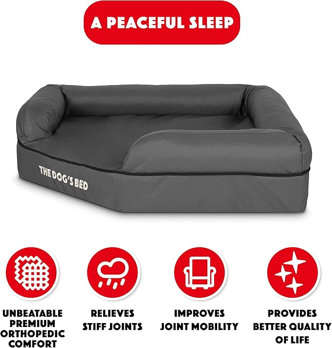 The Dog’s Bed Memory Foam Waterproof Corner Dog Bed, Large, Grey & Black Trim, Eases Pet Arthritis & Hip Dysplasia Pain, Therapeutic & Supportive, Washable Oxford Fabric Cover