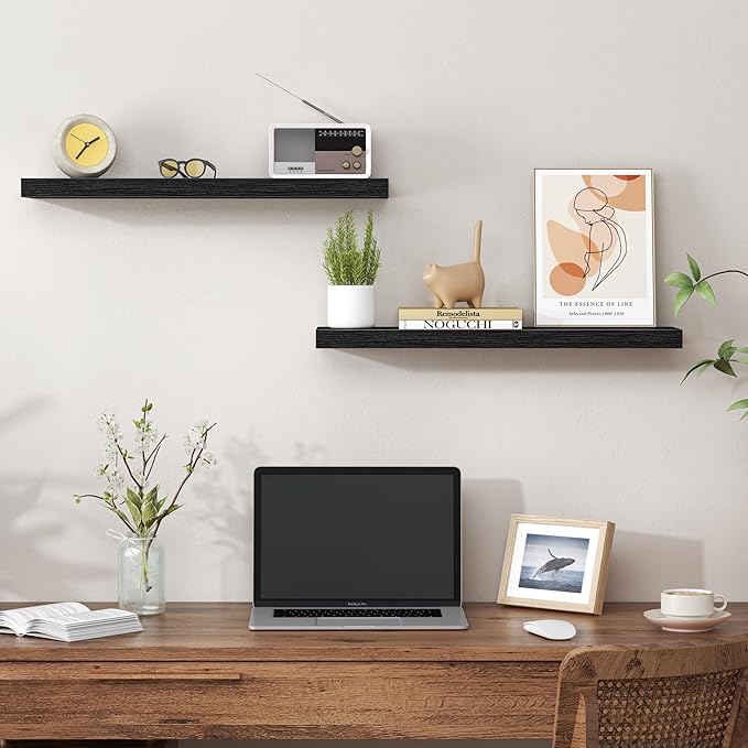 Heimlove 24 Inch Floating Shelves for Wall,Mounted Storage Wood Shelves with Invisible Brackets Hanging Shelf for Bedroom,Living Room,Kitchen,Office,Set of 2,Black