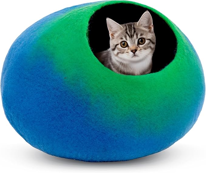Woolygon Premium Felt Cat Cave Bed β Wool Kitty Beds Handcrafted Kitten Caves Bed for Indoor Cats - Made from 100% Eco-Friendly Merino Wool, Foldable Cat Hidewawy Covered Cat Houses (Emerald Indigo)