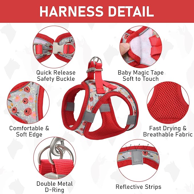 GAMUDA Small Dog Harness Collar and Leash Set, Step in No Chock No Pull Soft Mesh Adjustable Dog Vest Harnesses Plaid Reflective for Dogs Puppy Cats Kitten Rabbit (Red Flower, XS)