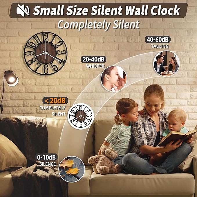 Maxstar Wall Clock Battery Operated,Silent Non-Ticking Modern Rustic Metal Round Clocks Small for Living Room/Bedroom/Office/Kitchen/Farmhouse Home Decor-12 Inch(Brown-Wood)