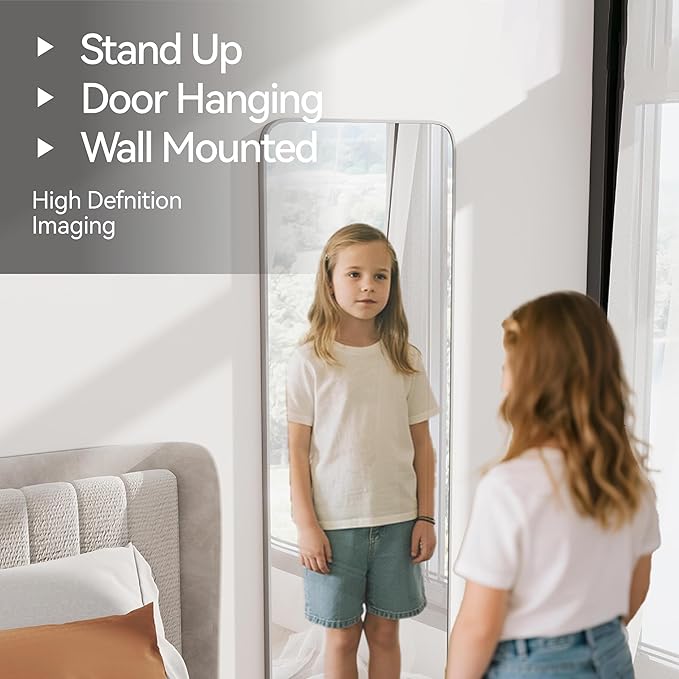 57x20 Door Hanging Full Length Mirror, Floor Stand (Height 5.7ft just Body in1.3ft) Wall Mounted Metal Frame Rectangle Dressing Mirrors for Bedroom Room 57 inch Silver