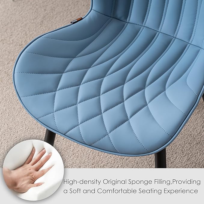 Kidol & Shellder Modern Dining Chairs Set of 2 Comfy Dining Room Chairs with Thick Cushions PU Leather Upholstered Kitchen Side Chairs with Metal Legs Blue