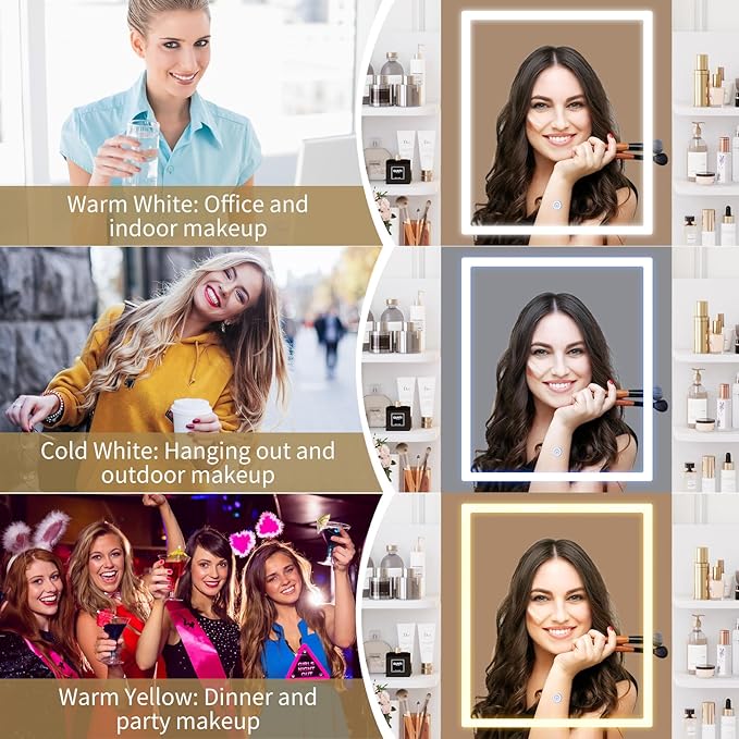 GAOMON Makeup Vanity Desk with Lights and Mirror, Vanity Table with 3 Lighting Modes, Storage Drawer, Shelves, Charging Station and Included Stool for Bedroom, White