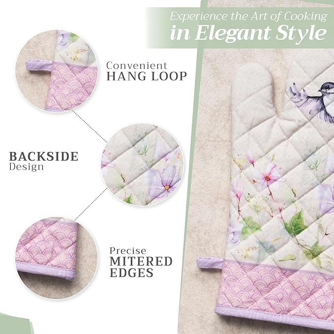 Maison d' Hermine Oven Gloves 100% Cotton Oven Mitt 7" x 13" with Loop Heat Resistant, BBQ, Cooking Gloves, Baking, Grilling, Kitchen, Handling Hot Pans Spring/Summer (Pack of 1, Magnolia Mornings)