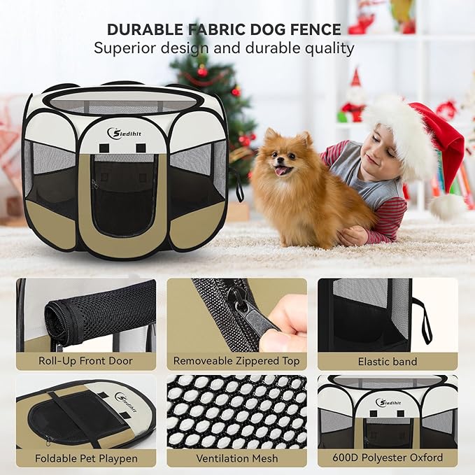 Pink Puppy Playpen for Middle Dog Cat, Dogs Tent Crate Cage Indoor/Outdoor, Portable Pop Up Dog Kennel with Carrying Bag for Rabbits, Removable Top (Coffee, Medium (36" x 36" x 23"))