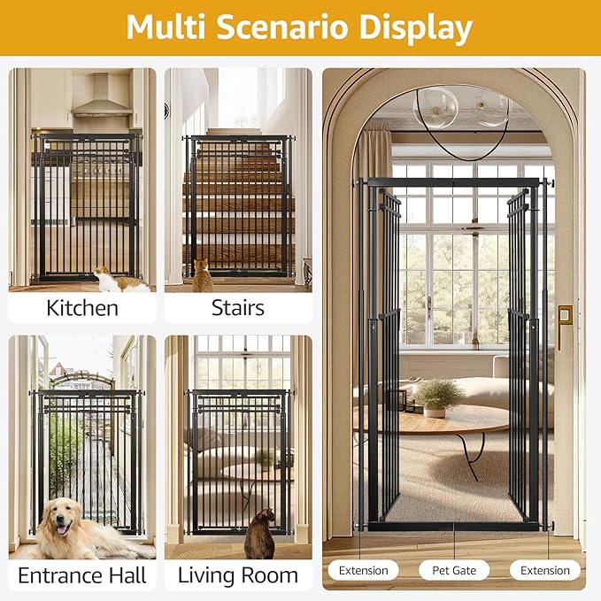 78.8" Extra Tall Cat Gate, 28.3-33" Wide Cat Door for Stairs, Pressure Mounted Easy Walk Through Safety Metal Pet Door for Doorway, No Drilling Pet Gate for Dogs (Black)