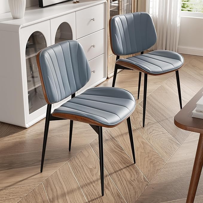 Dining Chairs Set of 4, Mid Century Modern Dining Room Chair, Upholstered Faux Leather Kitchen Chairs with Walnut Bentwood Back and Metal Legs for Kitchen Dining Room Living Room, Blue