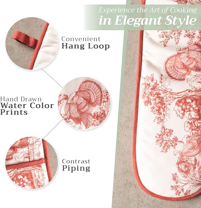 Maison d' Hermine Double Oven Mitt (7" x 35") 100% Cotton Heat Resistant BBQ Cooking Gloves with Loop for Thanksgiving Christmas Decorations Baking Cooking Barbeque Handling Hot Pan (Holy Jouy - Red)