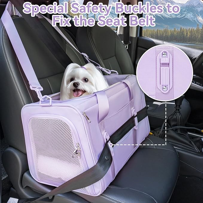 PETSFIT Soft-Sided Cat Carriers & Car Seats with Patent Safe Buckles, Clip-On Harness,19"x12"x12" Pet Travel Carrier - 20 lbs Capacity (Purple)