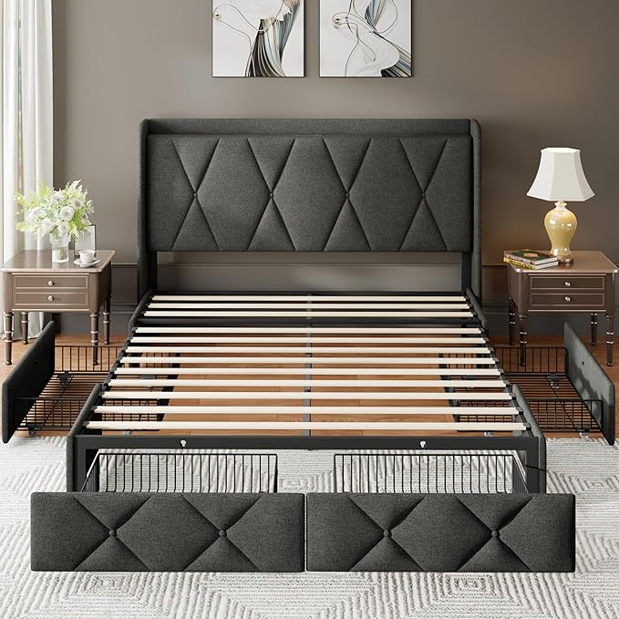 Feonase Full Size Bed Frame with 4 Storage Drawers, Upholstered Platform Bed with Charging Station, Wingback Storage Headboard, Wooden Slats Support, No Box Spring Needed, Easy Assembly, Dark Grey