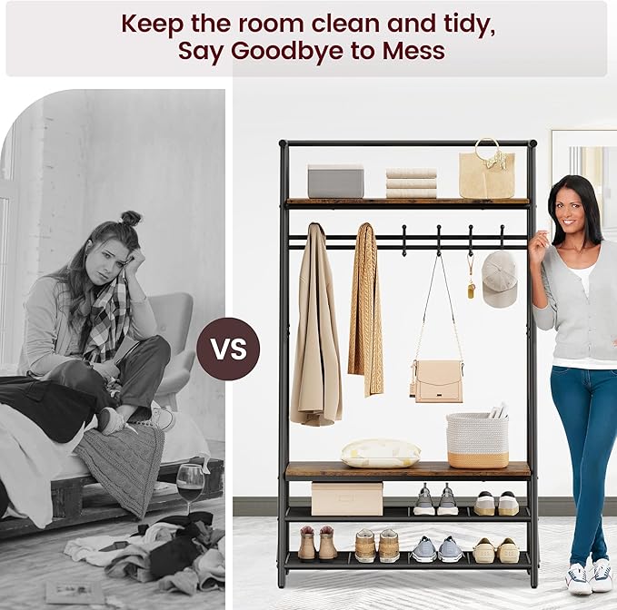 MDF Hall Tree with Bench, 4-in-1 Entryway Coat Rack with Storage Shelf & Shoe Organizer, Sturdy Freestanding Furniture for Living Room, Bedroom, Mudroom