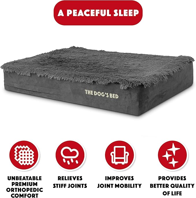 The Dog’s Bed Orthopedic Memory Foam Dog Bed, Large Grey Fur 40x25, Pain Relief for Arthritis, Hip & Elbow Dysplasia, Post Surgery, Lameness, Supportive, Calming, Waterproof Cover