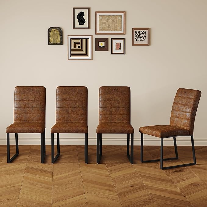 Modern Dining Chairs Set of 4, White Faux Leather Kitchen Chairs, Upholstered Armless Dining Room Chair with Gold Mental Legs Heavy Duty, Comfortable (Brown Chiars, Set of 4)