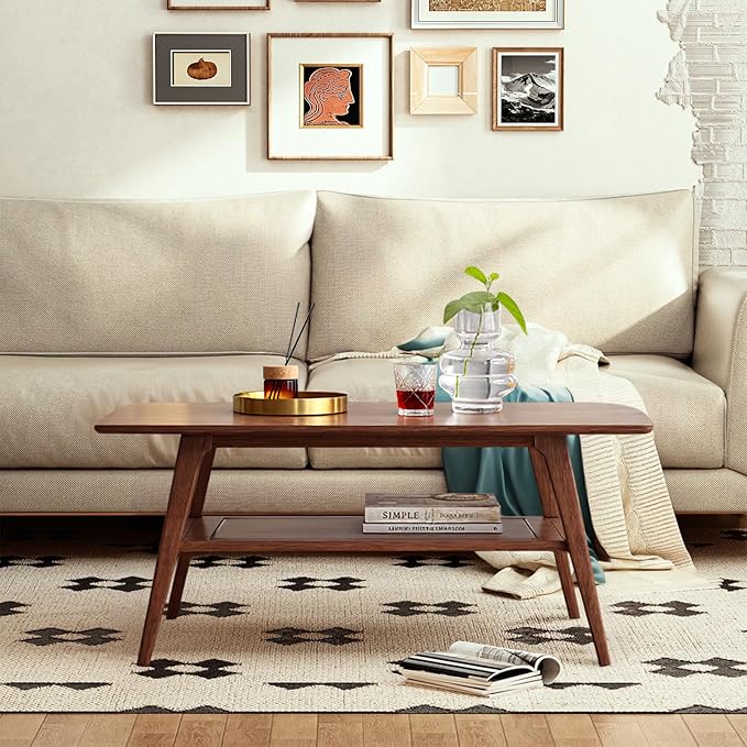 Solid Oak Wood Coffee Table - 2-Tier Modern Center Table, Living Room Tables with Double Storage for Living Rooms, Bedrooms, and Offices (Walnut, 39.37" D x 19.69" W x 17.32" H)