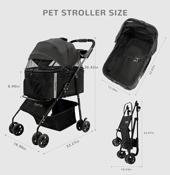 Pet Stroller,4 Wheels 3in1 Multifunctiona Dog Stroller with Brake,33lb Weight Capacity,Lightweight Portable One-Click Folding,Storage Basket Cup Holder,for Dogs/Cats Travel,Black