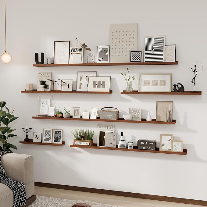 Solid Ash Wood Picture Ledge Shelf, 24 Inch Floating Shelves with Lip Set of 2, Photo Ledge Shelf Nursery Bookshelf Wall Mounted for Living Room Bedroom Decor, Walnut