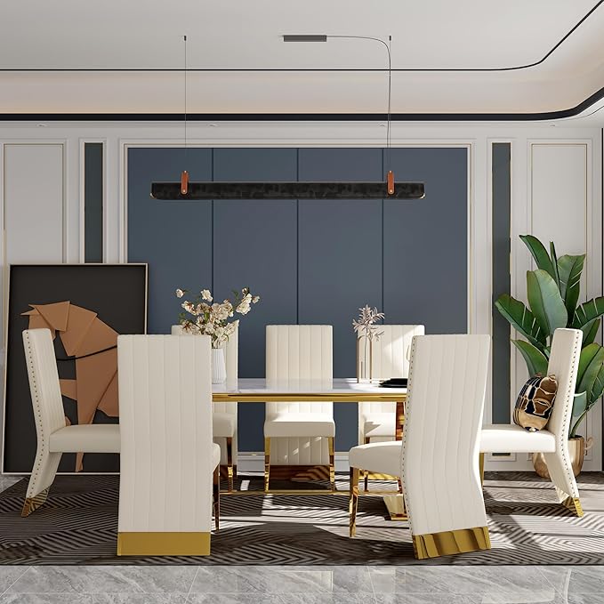 Dining Chairs, White Faux Leather Upholstered Dining Chair with Nailhead Trims, Gold Dining Room Chairs Set of 8