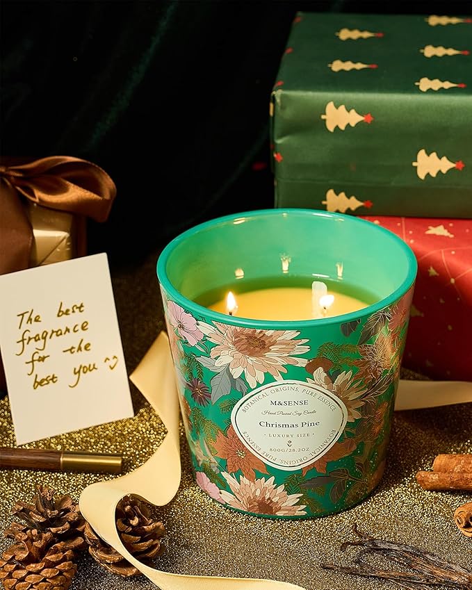 M&SENSE Christmas Pine Scented Candle, 28.2oz 3 Wick Natural Soy Wax Large Candles, Long Lasting Clean Slow Burning No Toxic Décor for Christmas, Romantic Dates & Gift-Giving