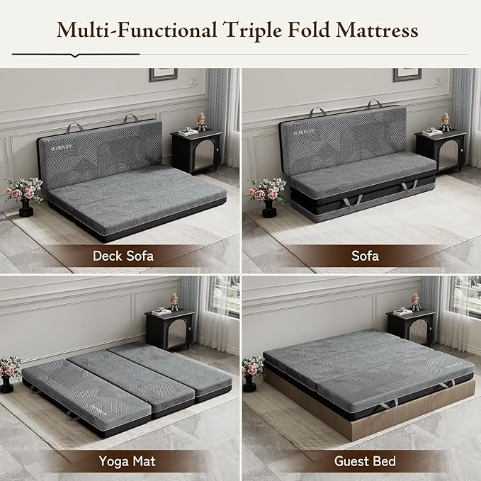 Tri Folding Mattress King Size - Memory Foam Tri-fold Mattress, Handle & Non-Slip Bottom, Portable Foldable Sofa Bed Floor Chair for Travel RV Camping Guest Yoga - 6 Inch, 80"x76"x6"