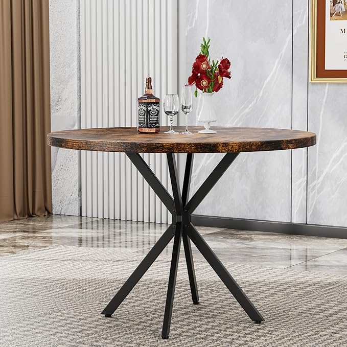 Round Dining Table: 39" Modern Brown Table with Black X Base for 4-5 People, Perfect for Small Spaces & Apartments
