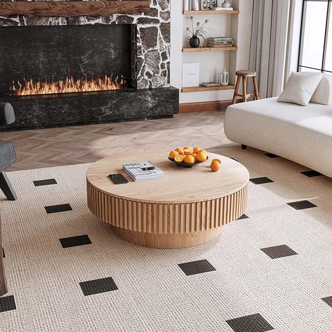 39'' Large Round Coffee Table with Storage, Fluted Coffee Table with Solid Wood Veneered, Mid Century Modern Wooden Center Table, Accent Tea Table for Living Room Apartment, Natural